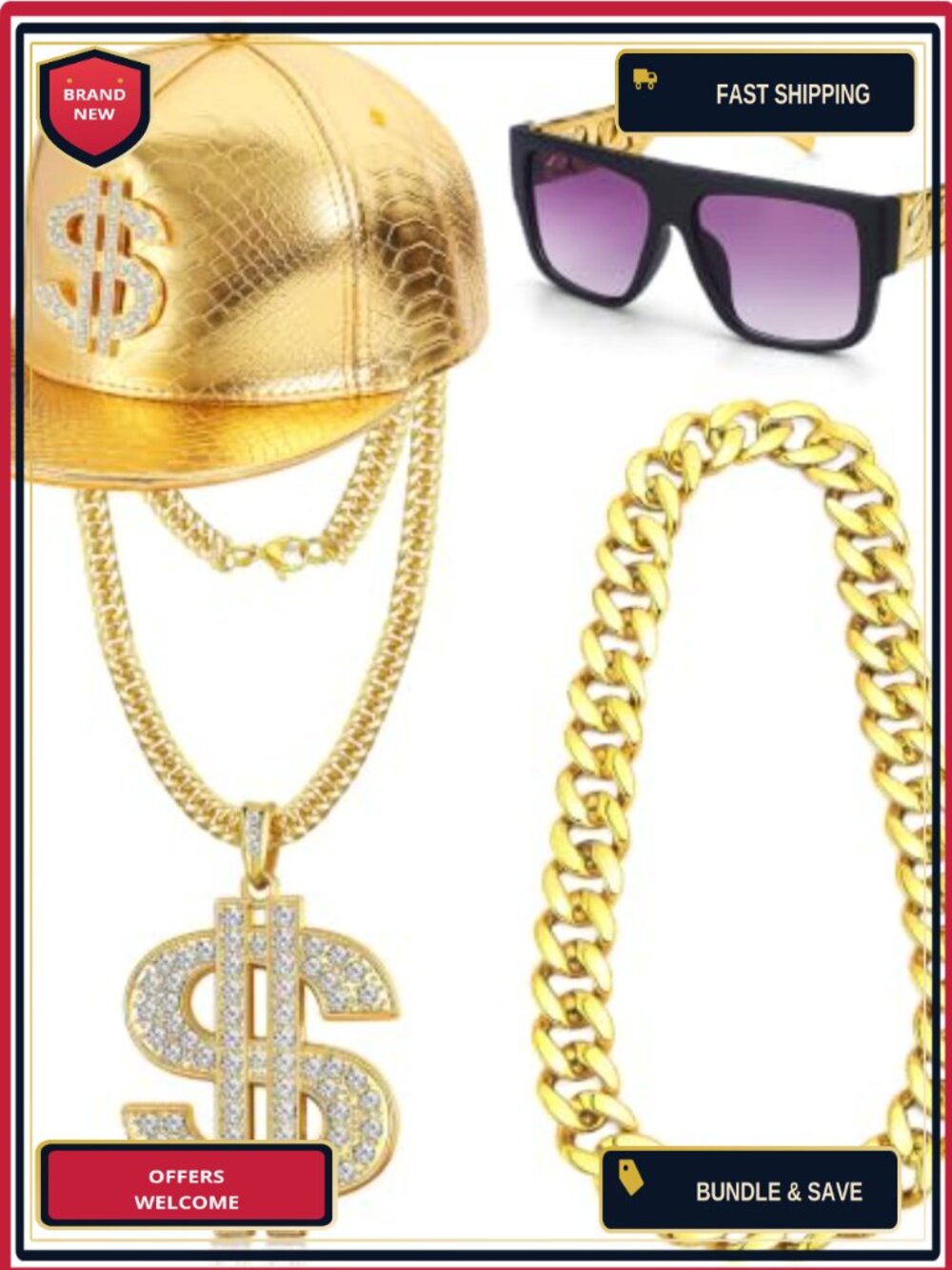 Hip Hop Costume Set Rapper Sunglasses Gold Chain Hat 80s 90s Party Outfit